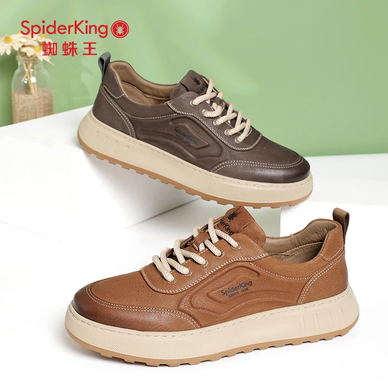蜘蛛王男鞋2025春季新款休闲板鞋男士厚底增高板鞋系带户外运动鞋
