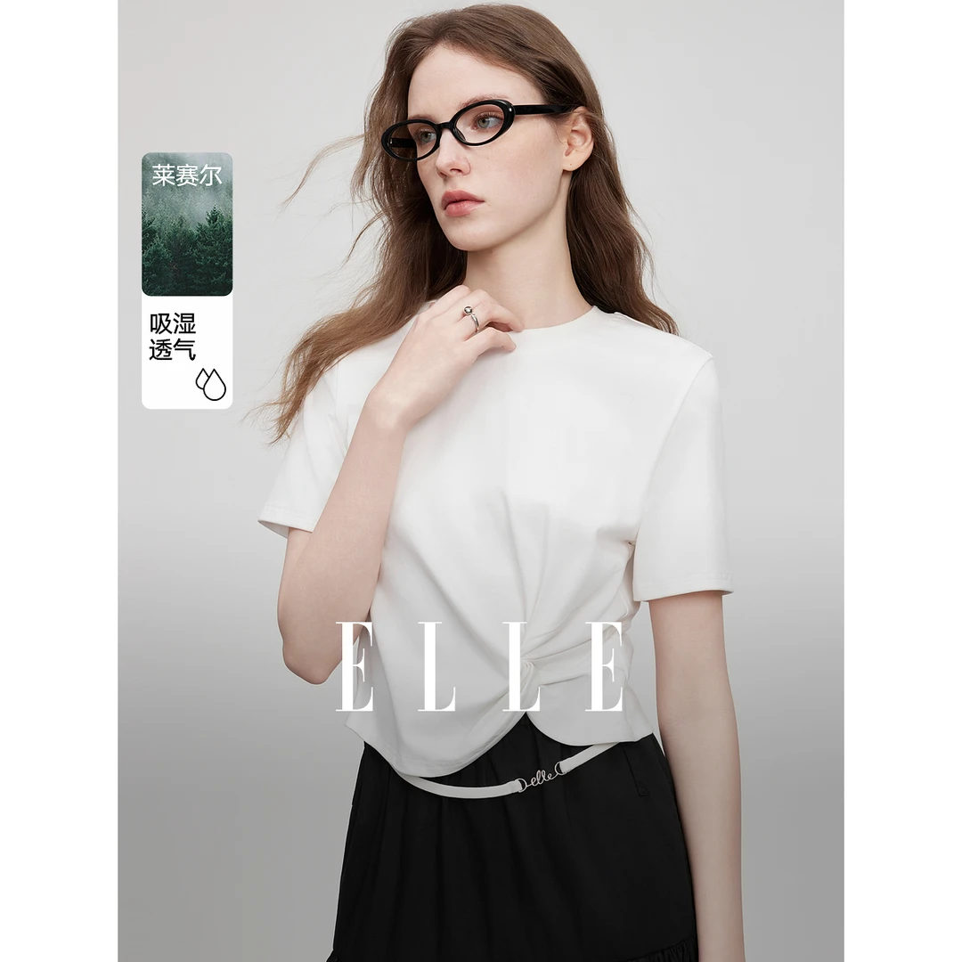 ELLE设计感扭结显瘦圆领短袖女2025夏新款优雅T恤ET50858