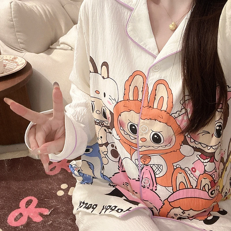 卡通甜美睡衣女春秋可爱长袖学生两件套泡泡棉家居服韩系ins套装