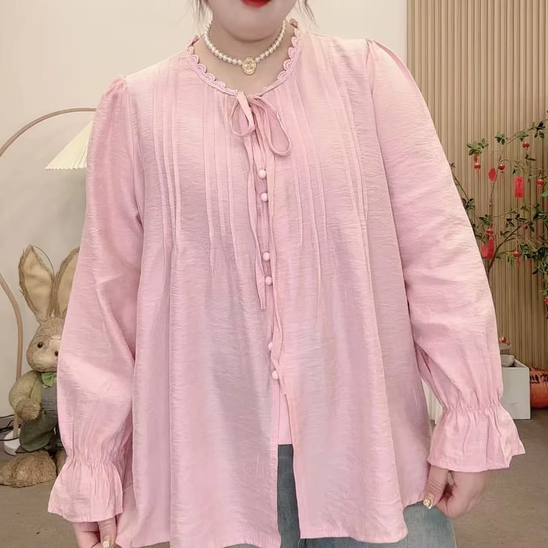 胖胖家*9495新款风琴褶蝴蝶结系带拼接蕾丝上衣