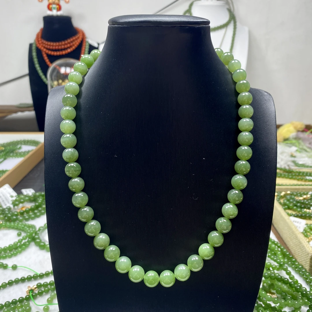 【年终福利】无矿点天然和田玉俄料碧玉果绿色10mm妈妈链送人送礼