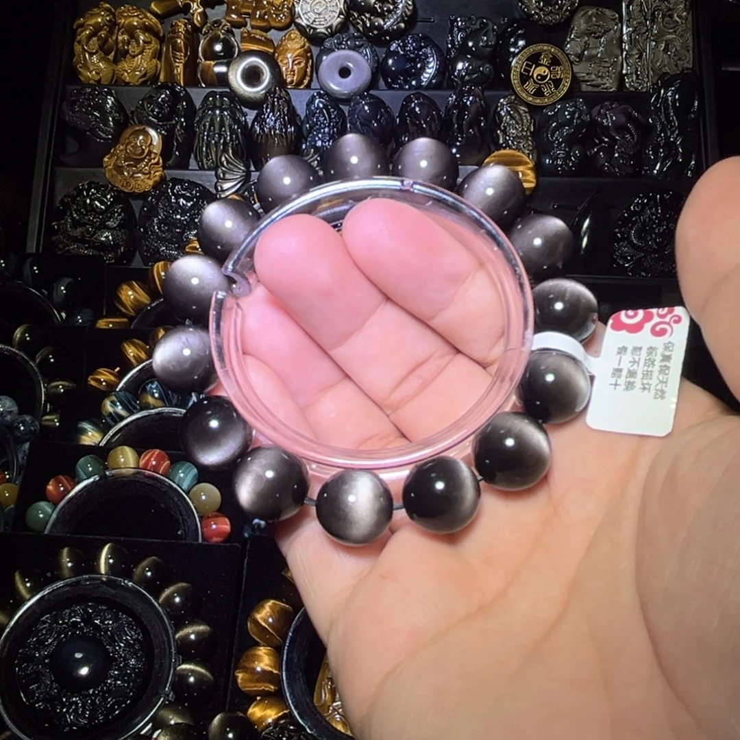 未镶嵌黑曜岩手链u*天然银曜石双面一线猫眼14mm