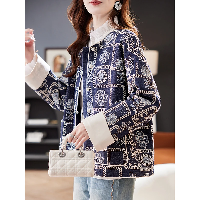 春季刺绣复古立领印花女装短外套新春国风红外套民族风