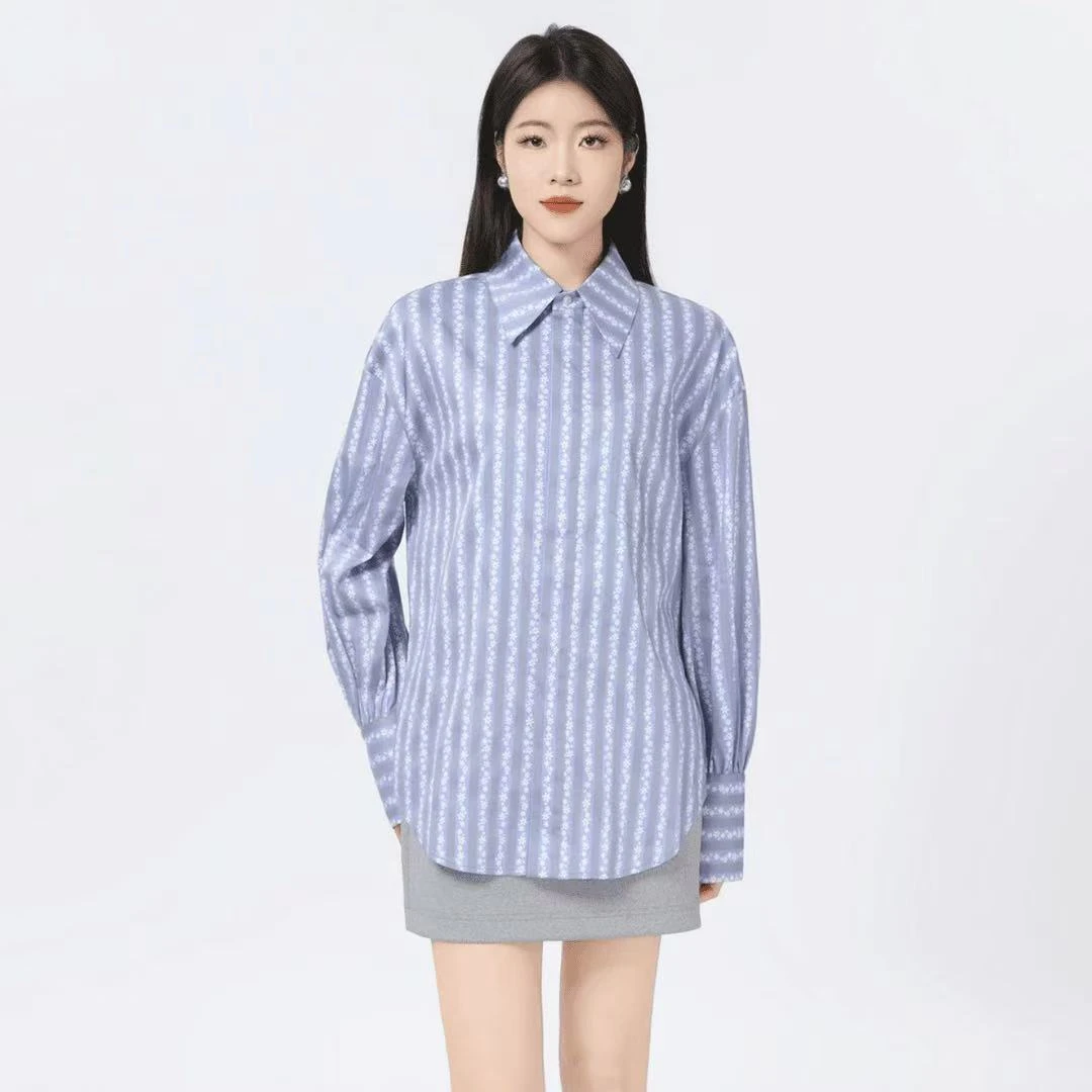 AMASS/阿玛施蓝色休闲时尚百搭条纹宽松长袖设计感衬衫530052