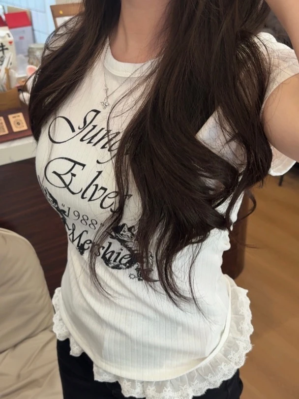 Thanks 美式复古短女辣妹风袖T恤字母印花修身显瘦短款夏天上衣潮