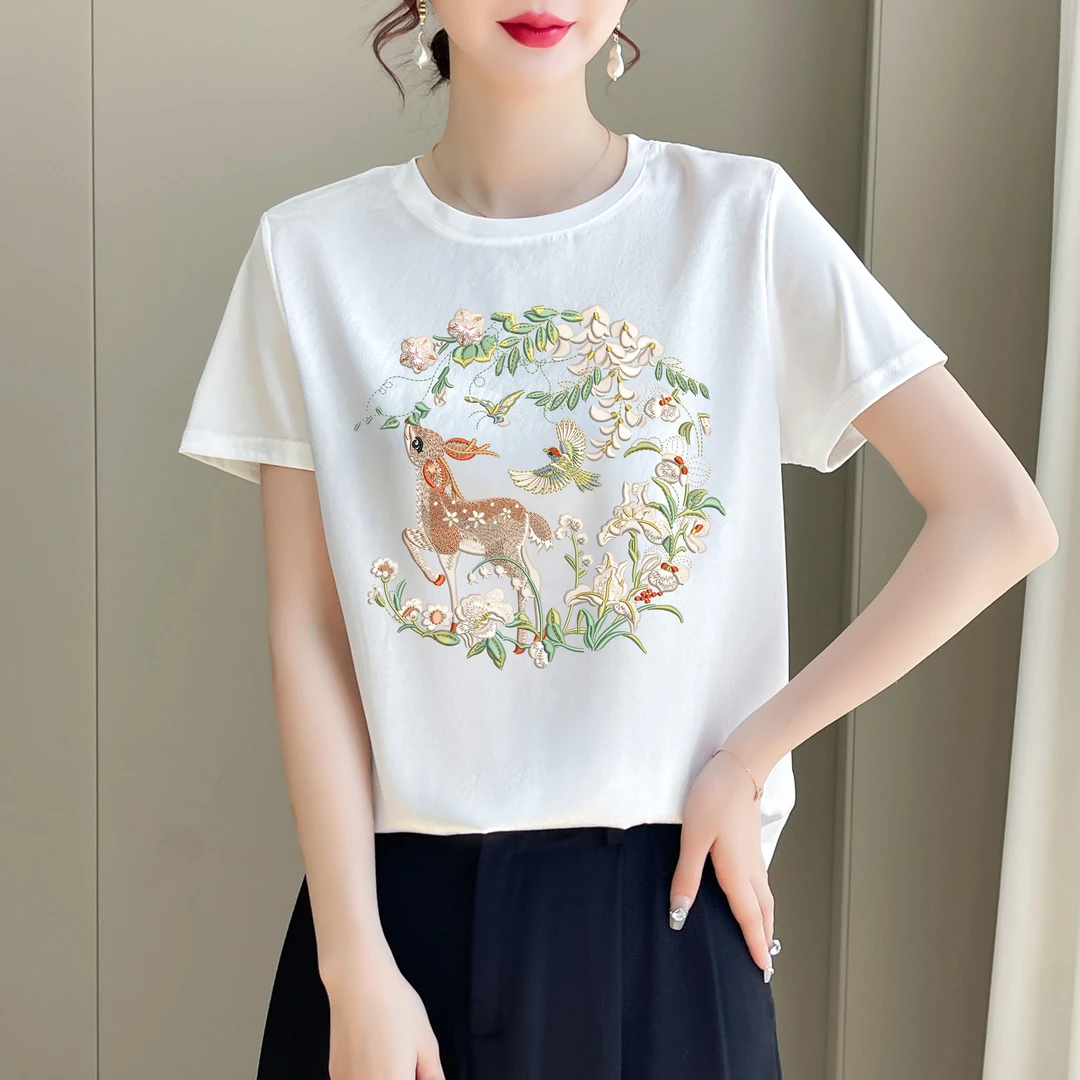 1422新款丝滑缎面冰凉感百搭时尚休闲女T恤AB拼接短袖
