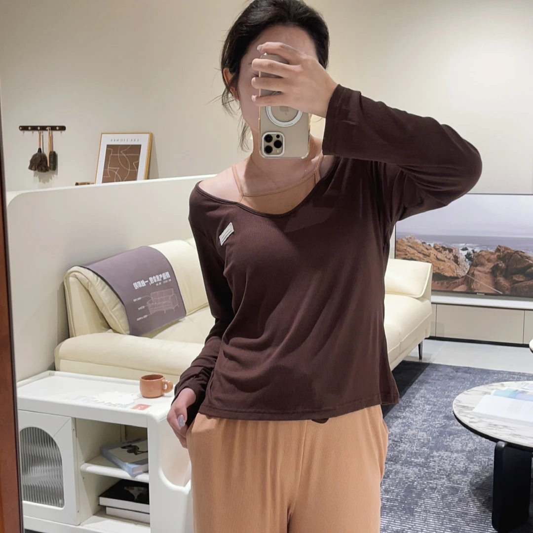 新款秋冬可可棕长袖假两件睡衣气质可外穿舒适保暖女睡衣套装2690