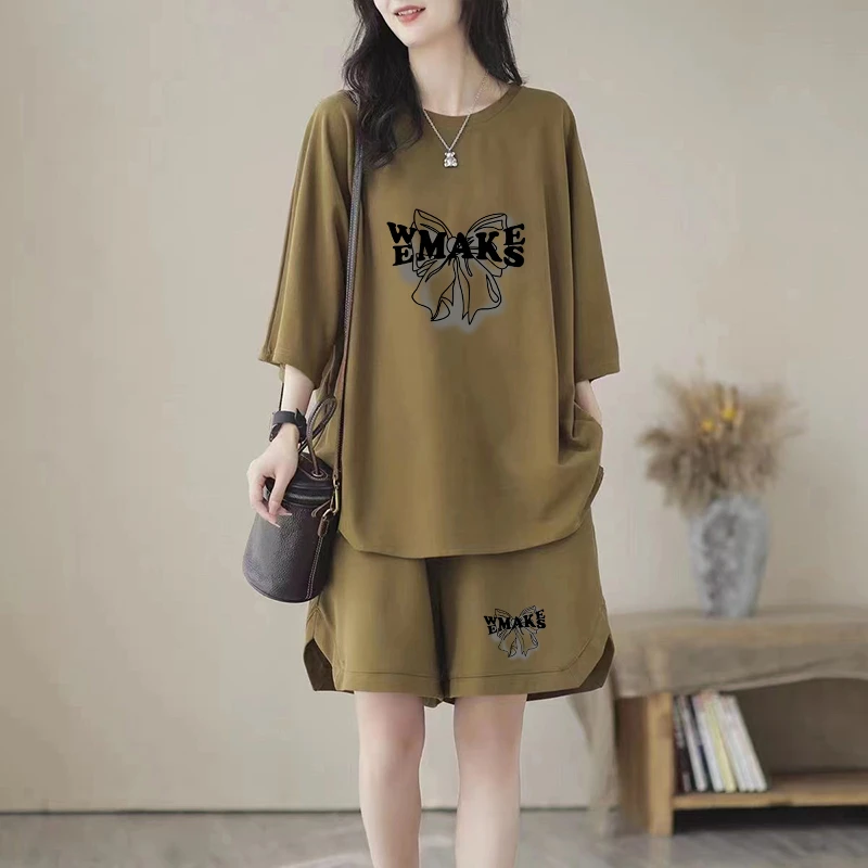100%纯棉大码女士时尚套装上衣2025夏季新款宽松短裤休闲两件套潮
