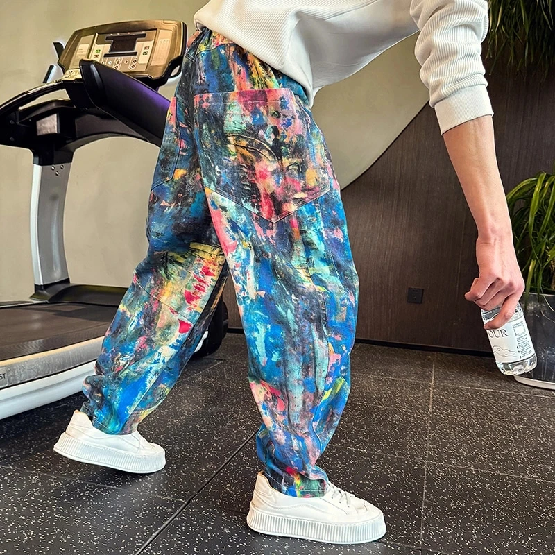 高端帅气彩色男休闲裤春秋季爆款设计感花色束脚休闲裤子宽松男裤