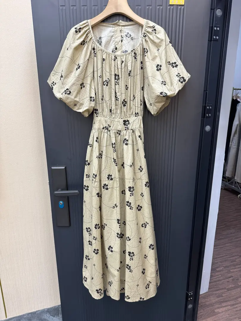 LYQ23667精梳棉女士法式夏季有气质高端连衣裙复古圆领碎花裙长裙