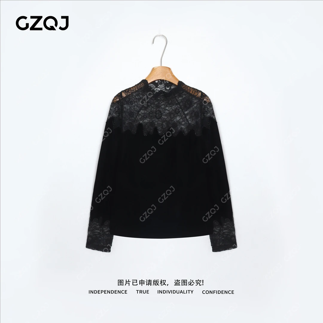 老琴私服【墨影浮花】纯欲风性感蕾丝镂空花边领丝绒衬衫上衣女7403