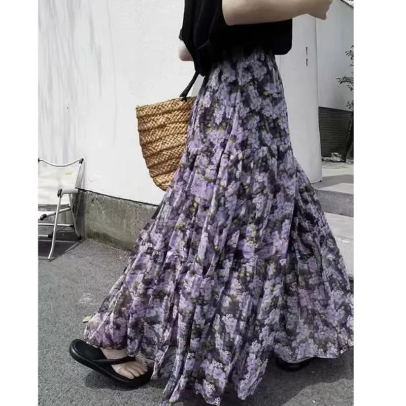 法式复古紫色碎花半身裙女2025早秋新款绝美超仙气质度假风大摆裙