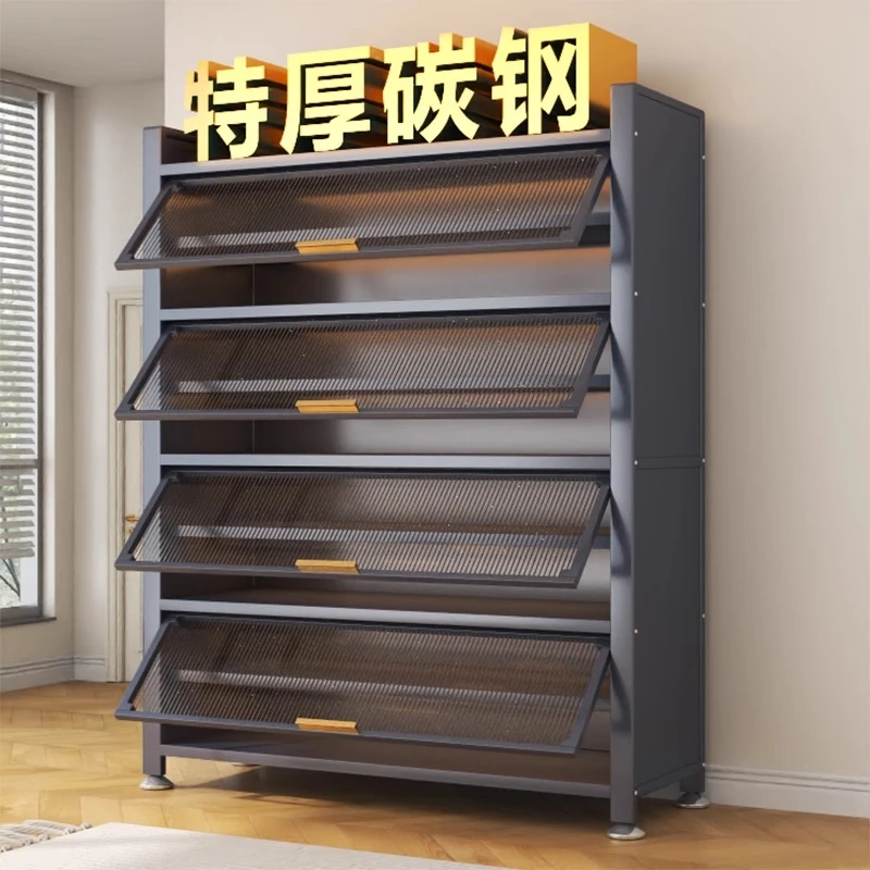 家用门口钢制鞋柜落地多层隔板大容量防尘收纳翻门鞋架入户玄关柜