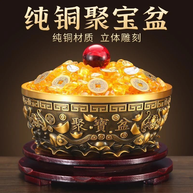 黄铜沈万三聚宝盆家用中式大号玄关摆设前台实心金色商用铜摆件