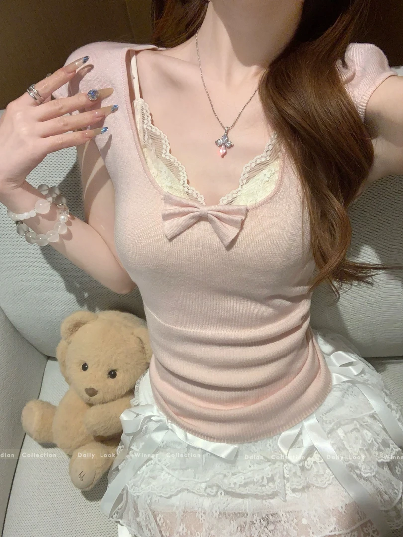 5.4编码点这个里}蕾丝针织百搭纯欲薄款上衣