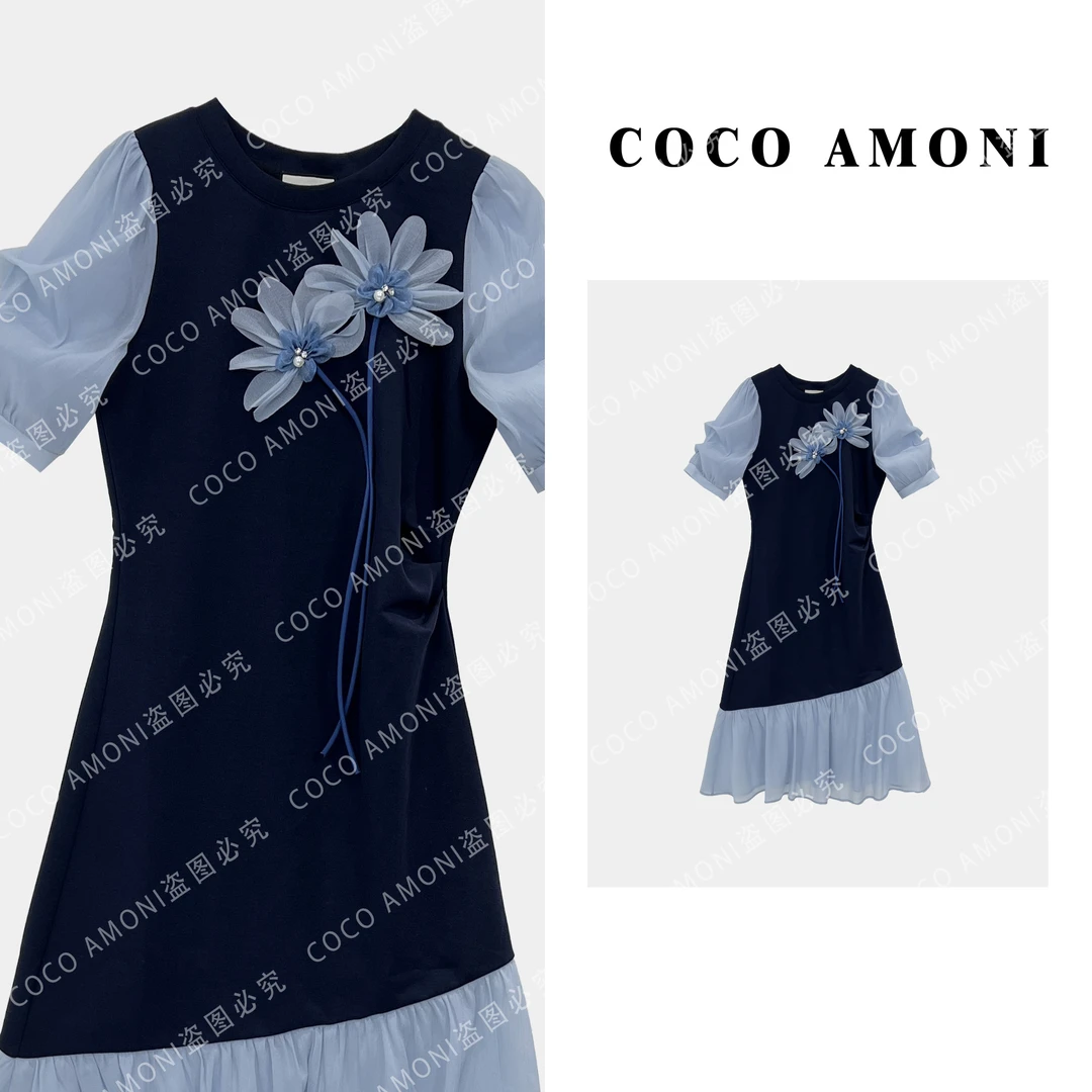 【曼姐】设计仙女风女装拼接立体花朵百搭收腰显瘦连衣裙ZQ898