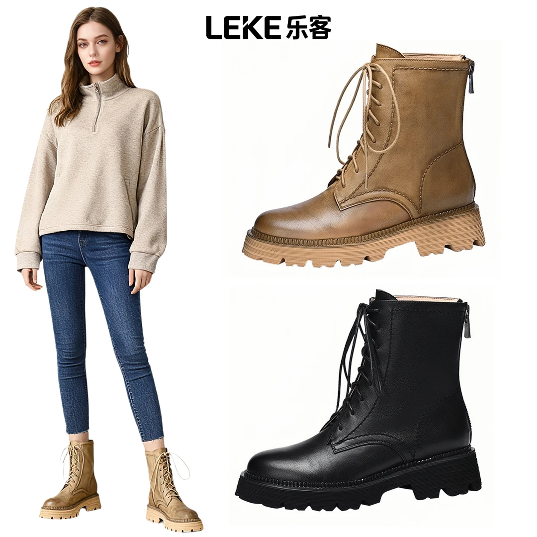 马丁靴女靴中帮复古系带头层牛皮女靴春秋单靴短靴厚底英伦风皮靴