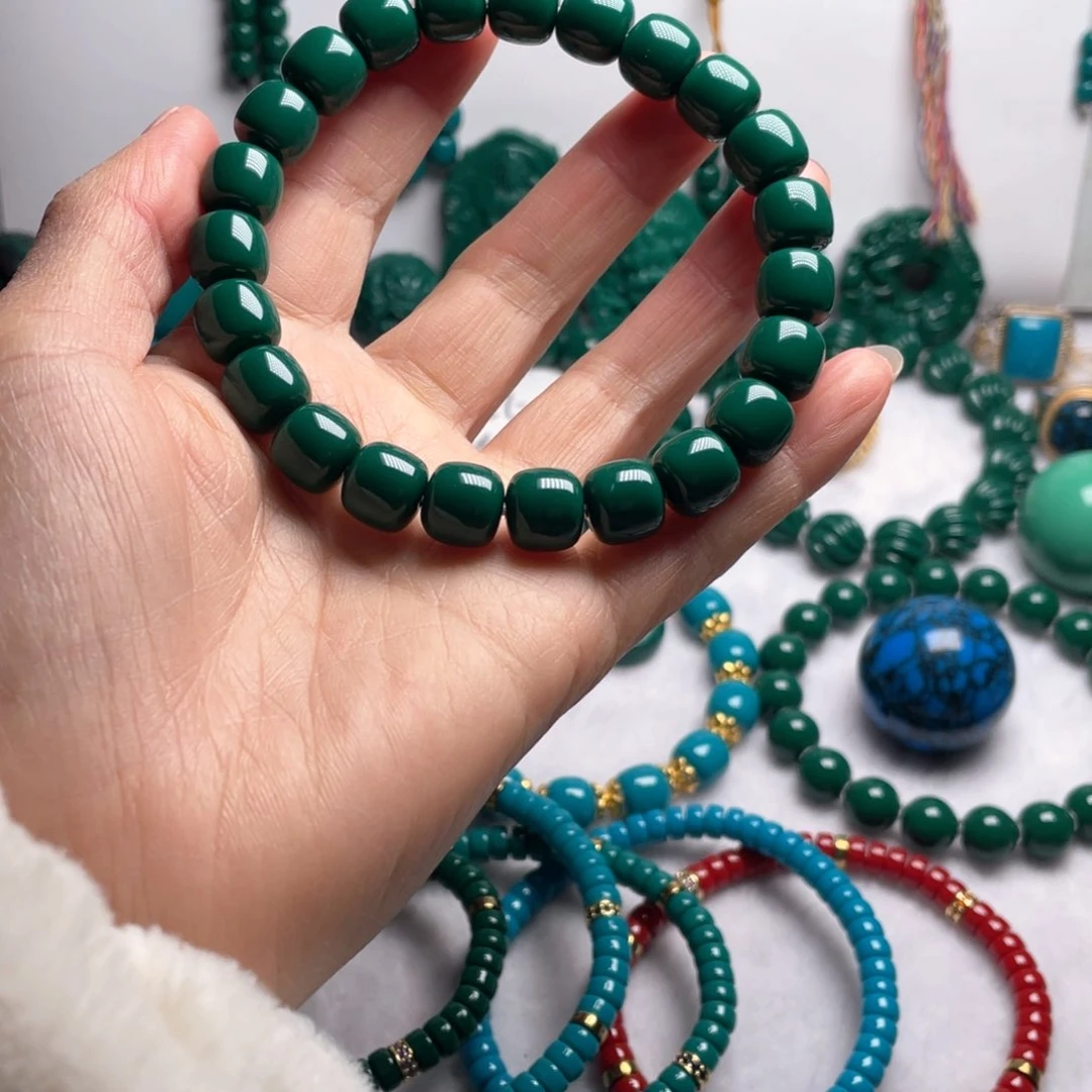 石材卡10老油绿老型手串（微瑕）