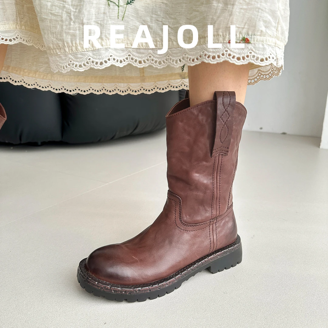 马丁靴女款2025新款水洗牛皮黑色英伦风中筒网红美拉德棕色短靴女