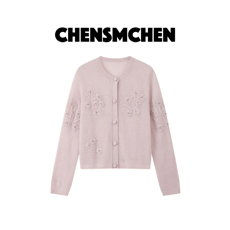 CHENSMCHEN 手工钉珠编织羊绒针织衫女休闲百搭显瘦开衫CSZ7029WY