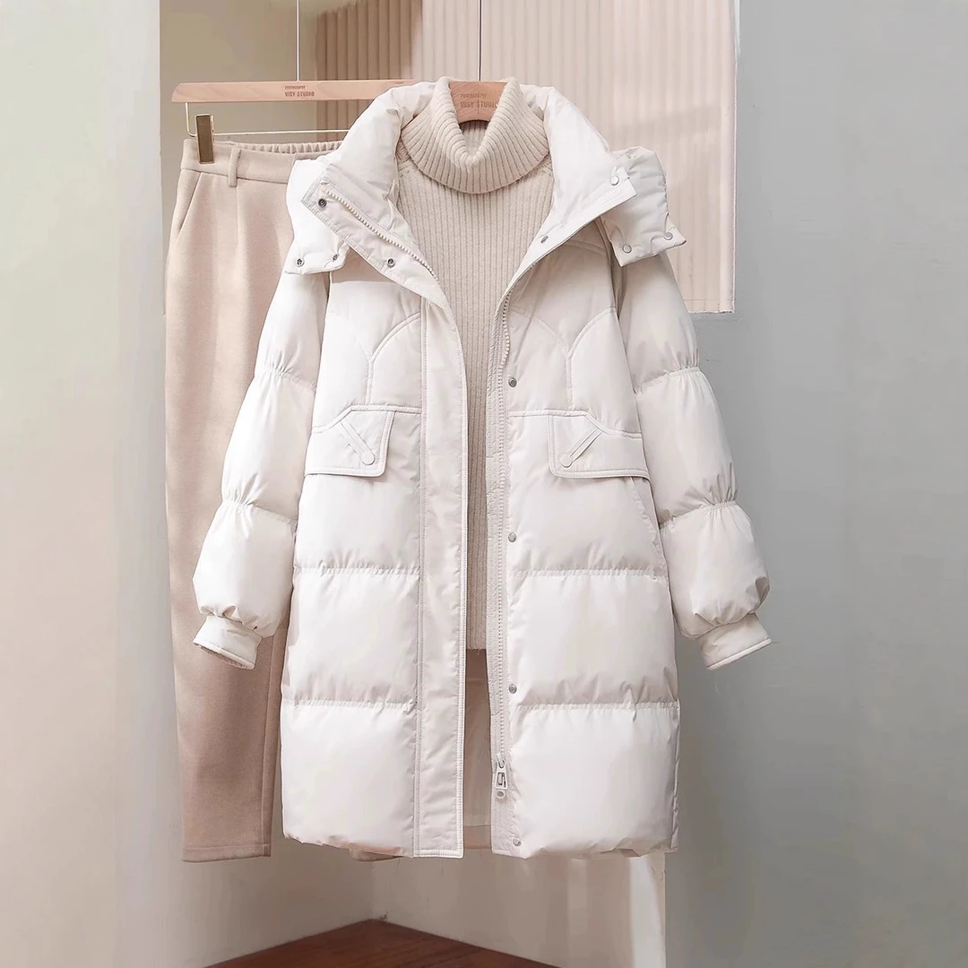 2025年新款羽绒服女冬季中长款小个子显瘦连帽时尚加厚白鸭绒外套