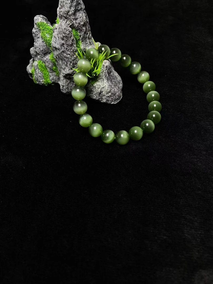 【玉见缘珠宝店】•和田碧玉•冰底猫眼手串9.5-10mm•珍藏款