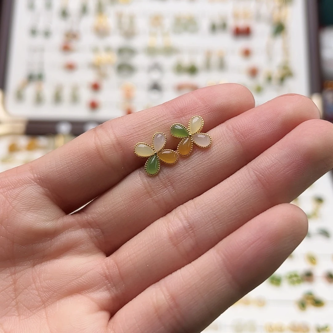 银S925镀金镶嵌和田玉耳饰