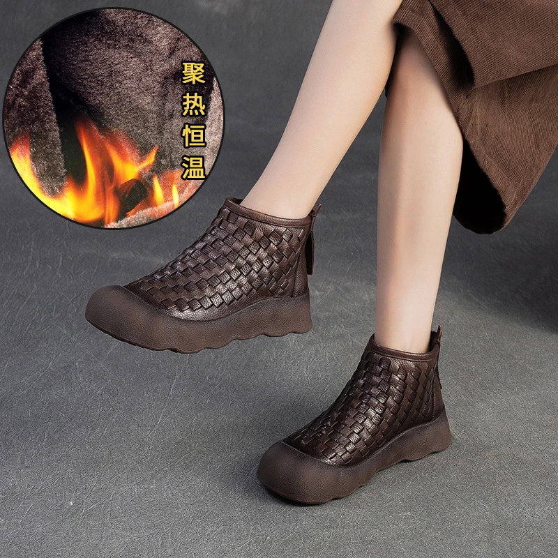 头层牛皮手工保暖冬季女平底（3CM）短靴复古时尚平底凉靴加绒真皮