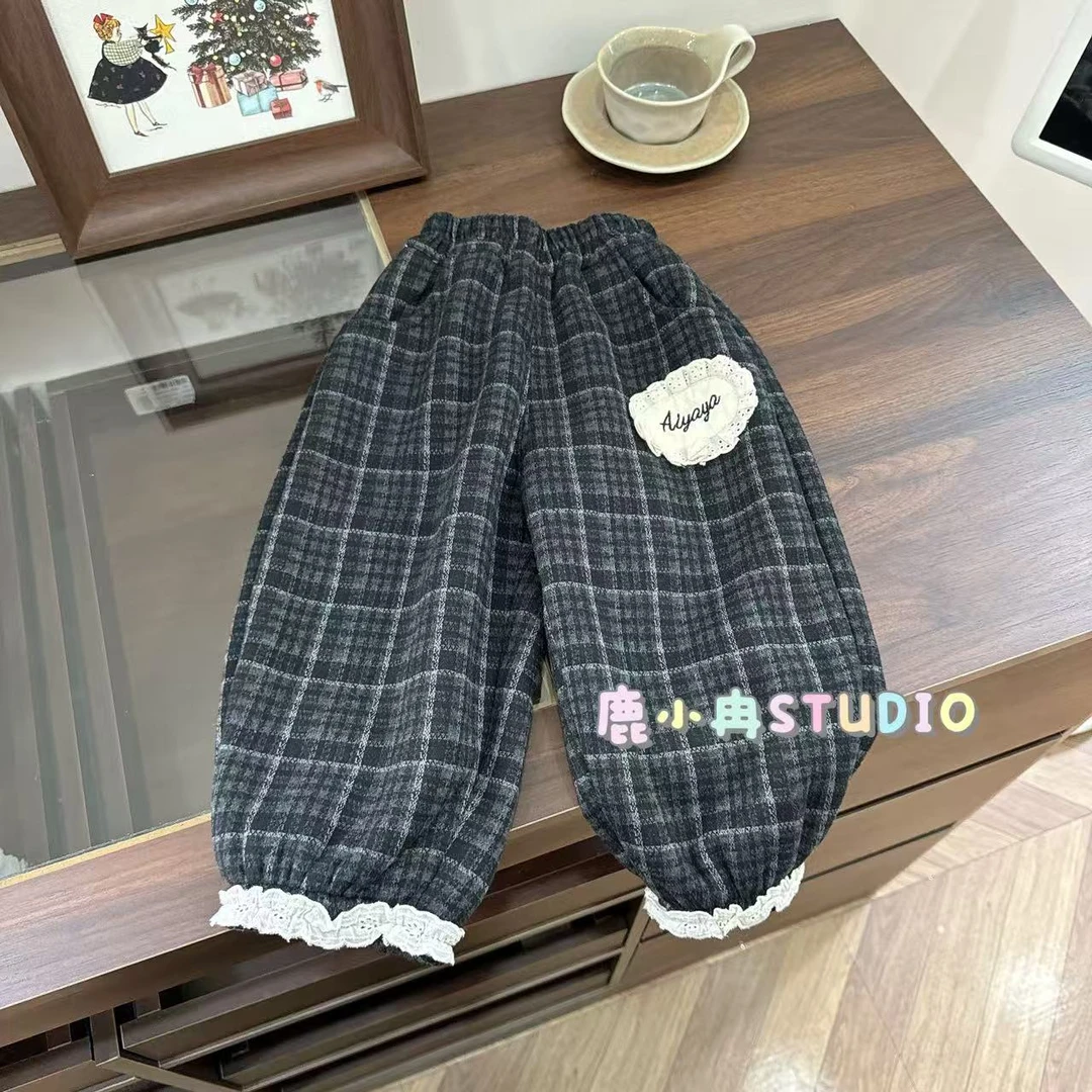 【鹿小冉】冬季女童格子加绒灯笼裤儿童冬款加绒卫裤休闲裤百搭612