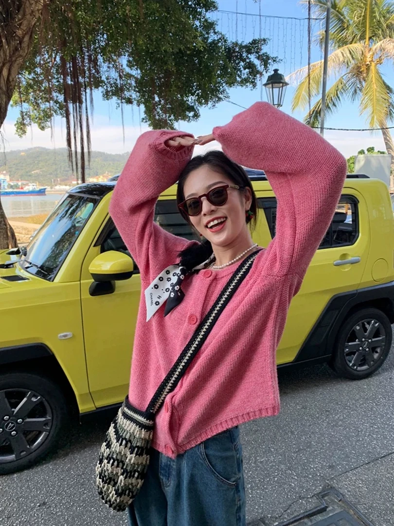 甜美软糯灯笼袖毛衣外套女春季新款宽松显瘦百搭圆领针织开衫上衣