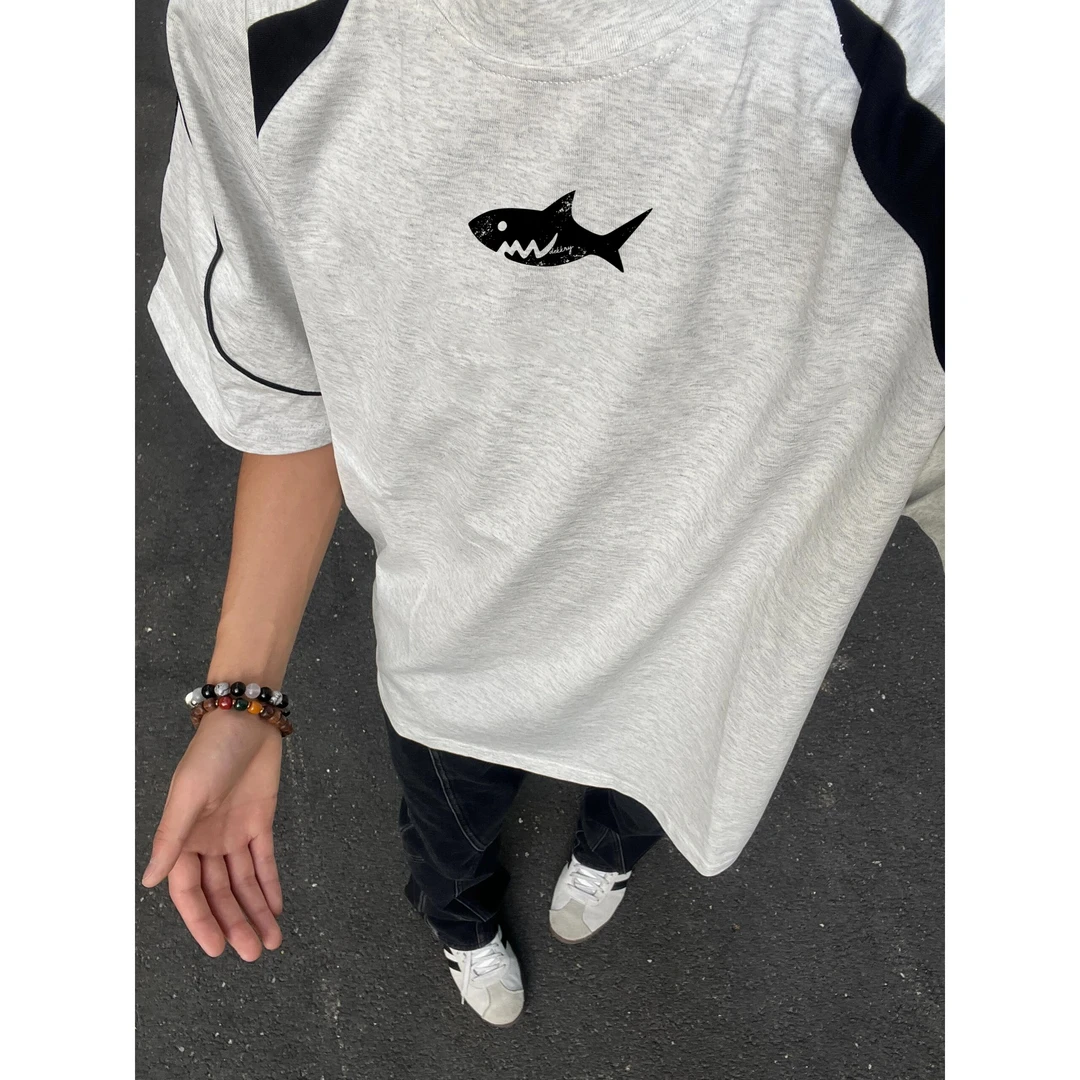 100%纯棉美式鲨鱼印花百搭短袖t恤男女夏季潮牌休闲高街上衣ins潮