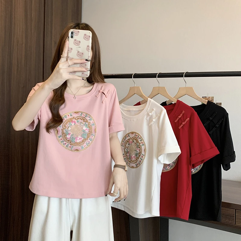 19103（46）夏季新款胖mm大码新中式重工刺绣百搭短袖T恤圆领上衣