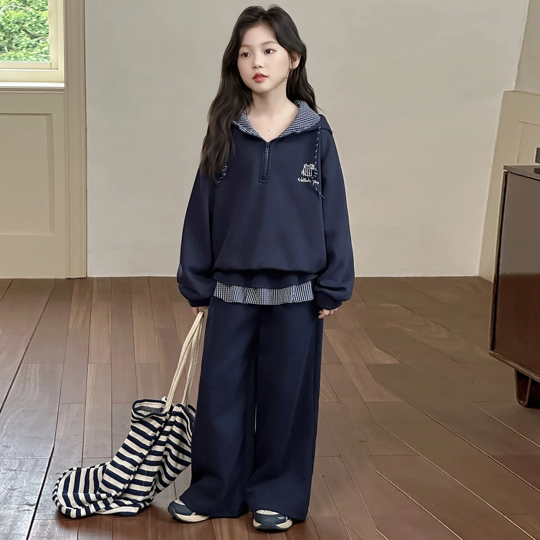 女童秋装洋气休闲套装2025新款6-12岁女孩秋装格子花边卫衣两件套