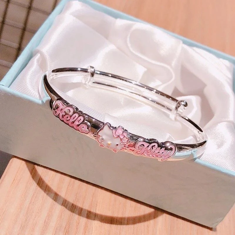 足银手镯 B55凯蒂猫HelloKitty儿童纯银手镯珐琅彩实心足银9999