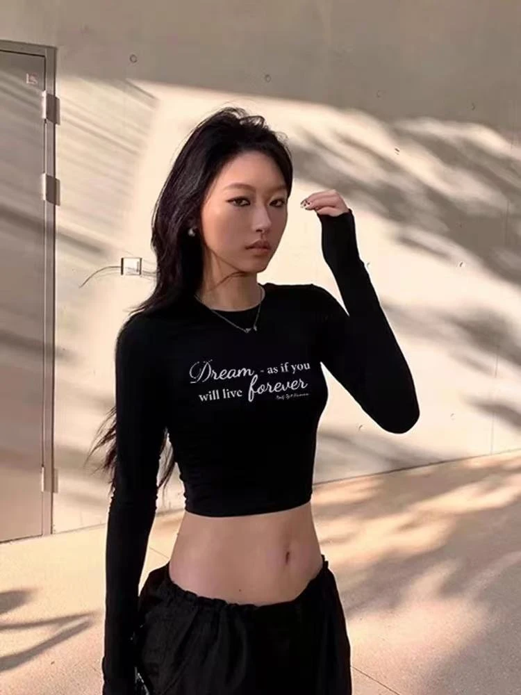 美式辣妹高腰露脐短款长袖t恤女2025新款爆款修身显瘦打底衫上衣