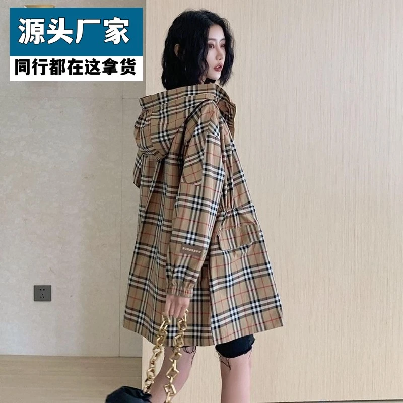 梵乐芬女中长款连帽风衣欧洲站春秋新款韩版宽松英伦风格子工装外