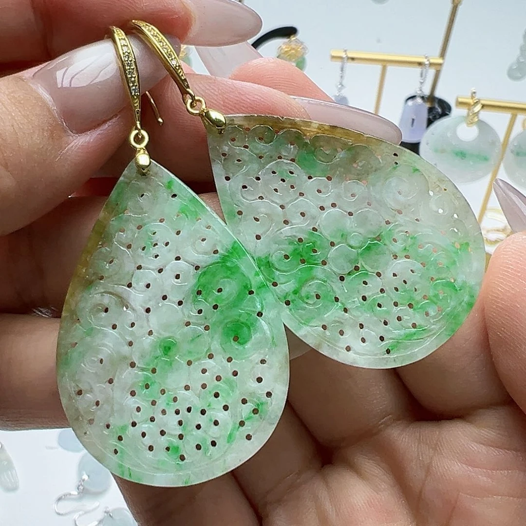银S925镶嵌翡翠耳饰测****机天然缅甸A货翡翠