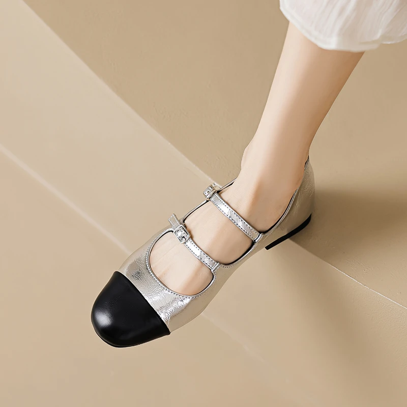 银色玛丽珍鞋女2025新款法式小香风拼色单鞋一字带平底女鞋高级感