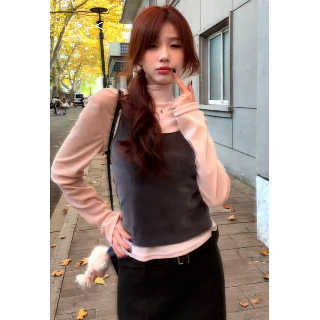 时尚漂亮冬装一整套粉色针织长袖上衣2025新款女秋冬内搭上衣穿搭