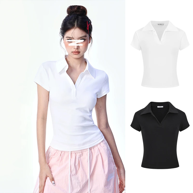 Moses Queen/魔西女王白色POLO领百搭短袖T恤时髦凉感半开领上衣