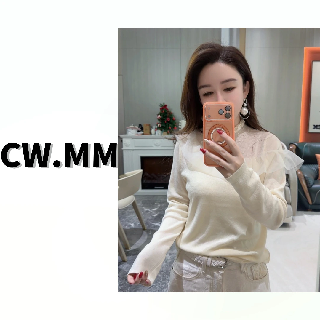 CW.MM 圆领订珠拼接洋气保暖羊毛毛衣上衣