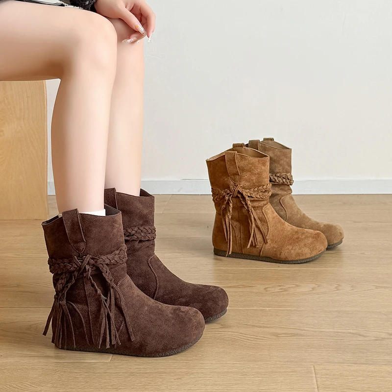 慵懒风短靴女2025新款秋款复古内增高平底休闲时尚堆堆靴马丁靴