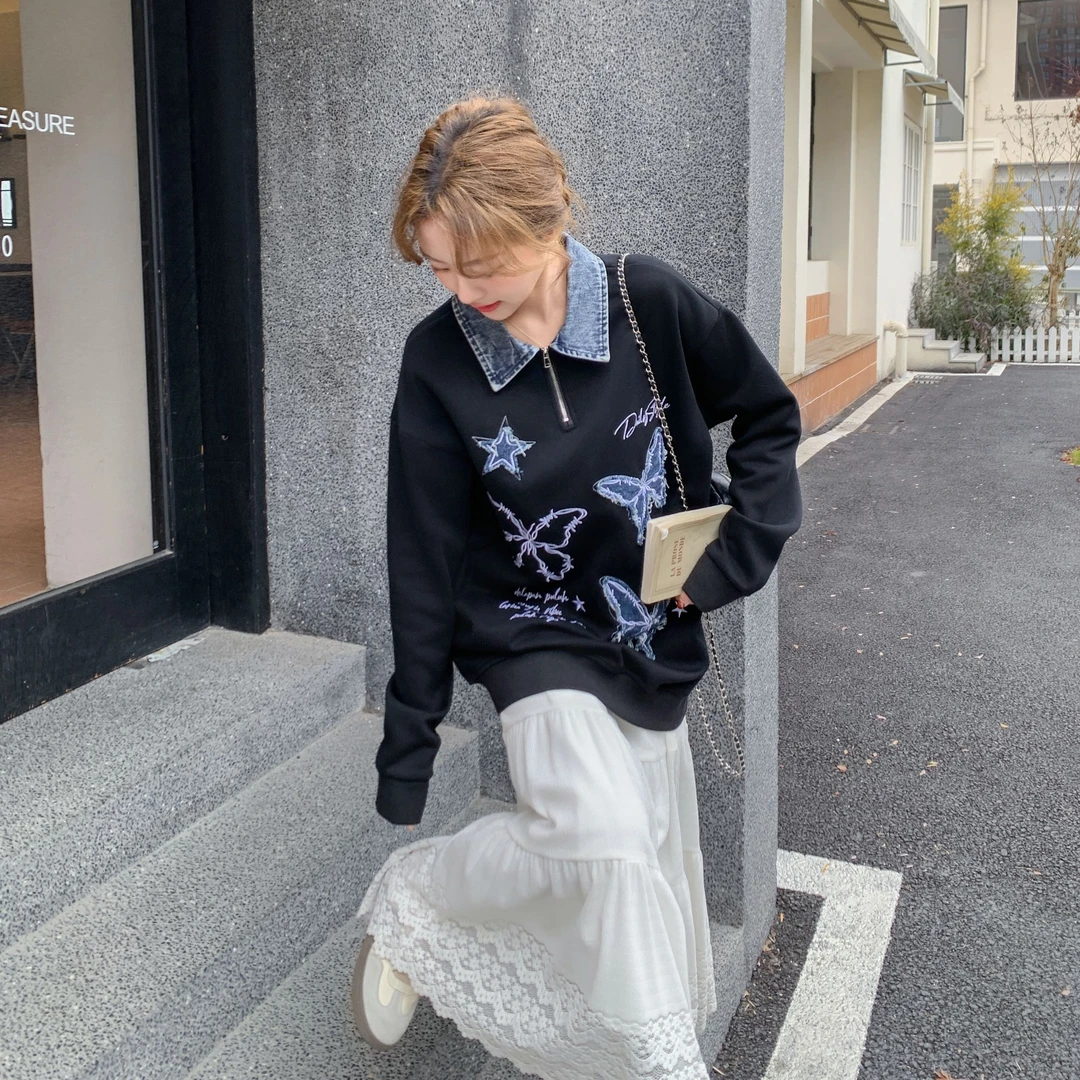 美式牛仔贴布polo蝴蝶半拉链卫衣女春2025新款宽松慵懒风休闲外套