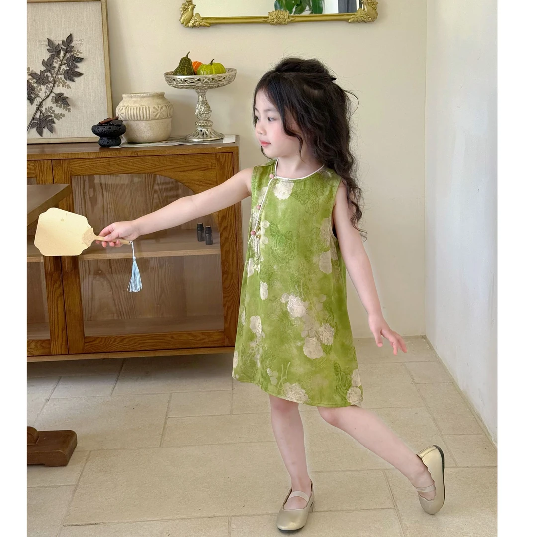 清 现货）壹妈夏季童装国风复古碎花无袖连衣裙新中式女宝改良旗袍