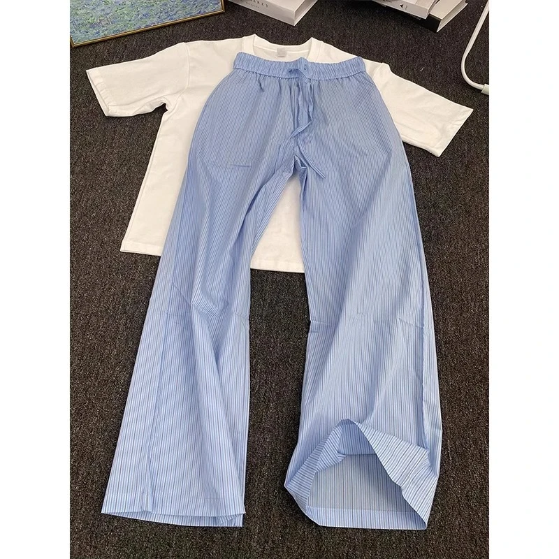 蓝色竖条纹冰丝裤子男款夏季慵懒松弛感休闲直筒裤美式速干阔腿裤