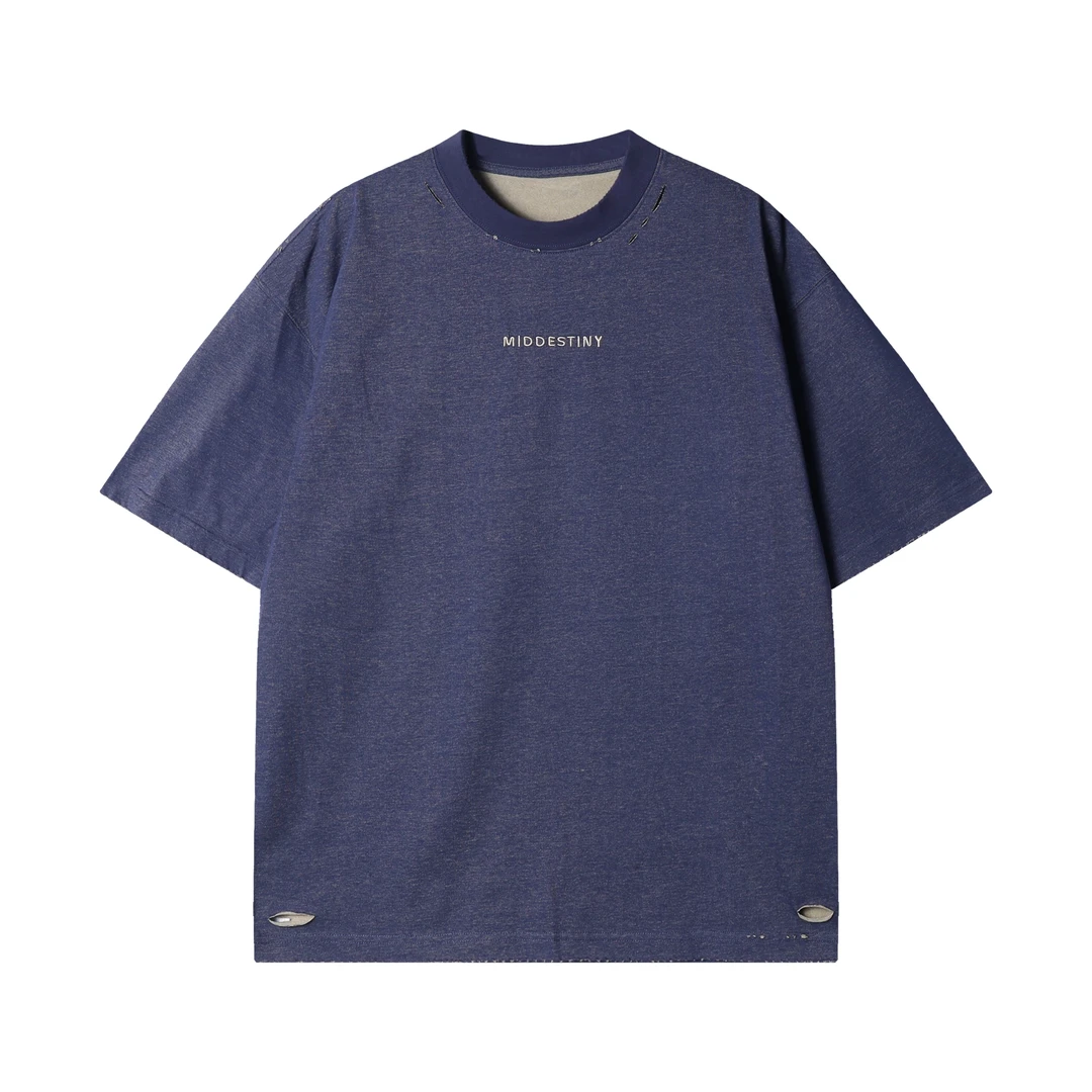 早春新款时尚个性韩版割破扎染刺绣字母圆领短袖T恤男女同款上衣