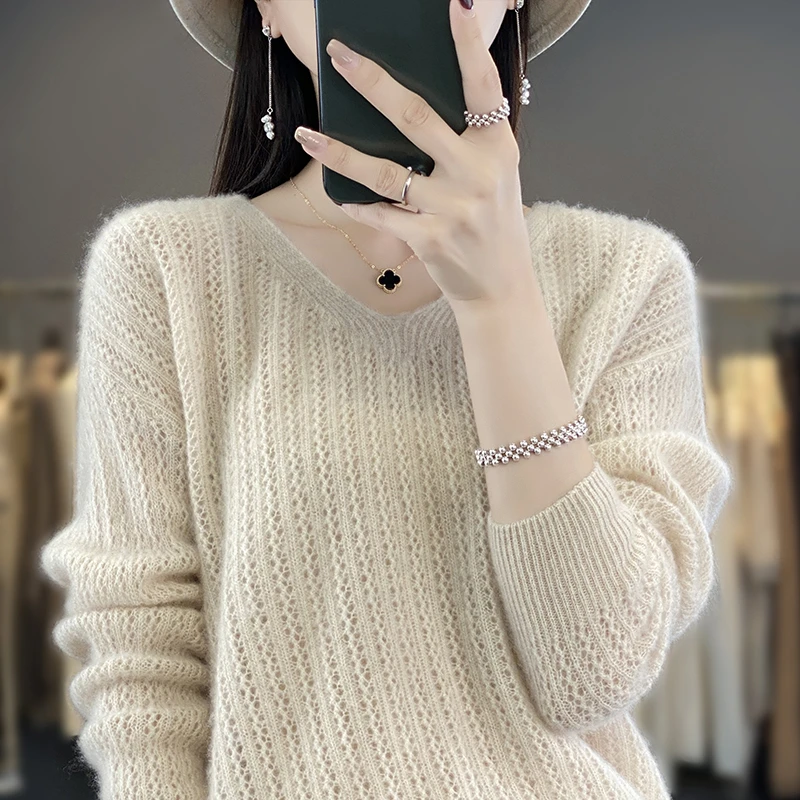 【镂空款 100%纯羊毛】~V领女镂空薄款慵懒宽松百搭针织打底衫2325
