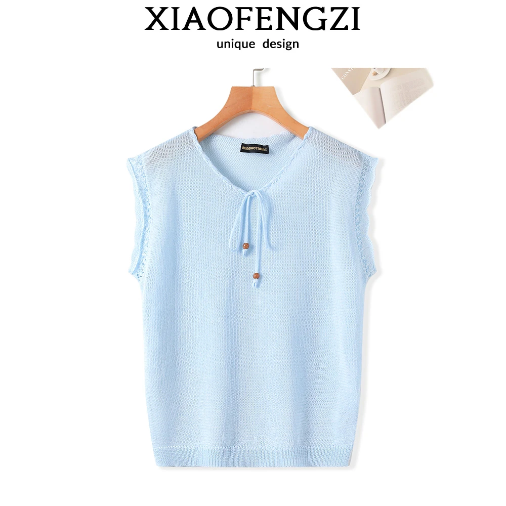 【退货运费全补】2025夏季无袖百搭圆领花边镂空针织衫夏日穿搭1122