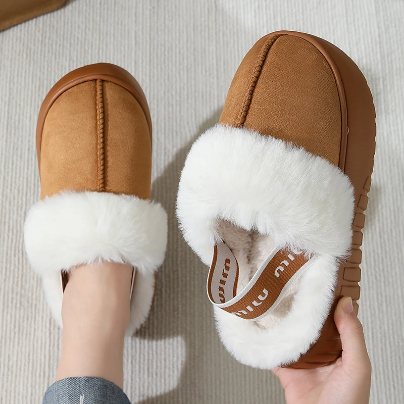 厚底加绒棉拖鞋女秋冬季外穿毛绒保暖雪地靴居家室内防滑包头棉鞋