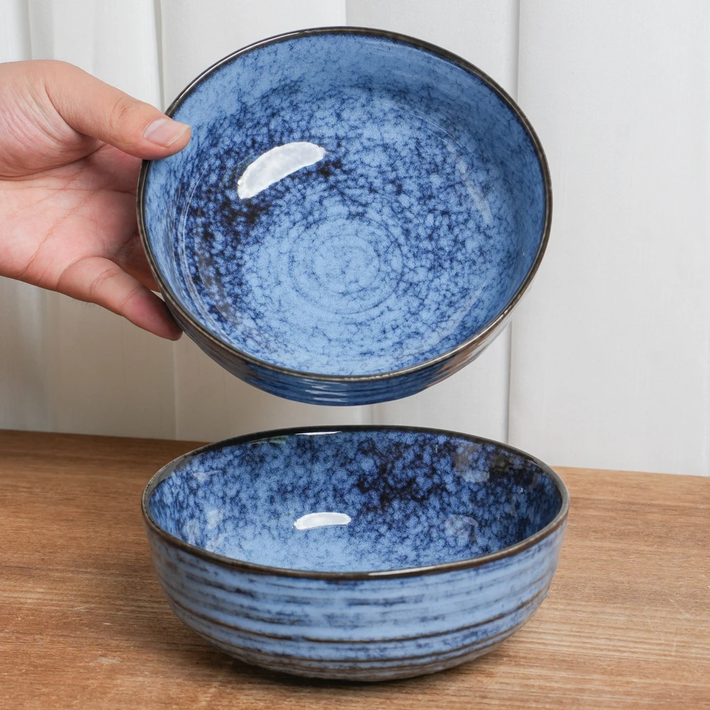 【瑕疵】菜碗釉下彩陶瓷碗窑变蓝螺纹沙拉碗日式复古家用A3D